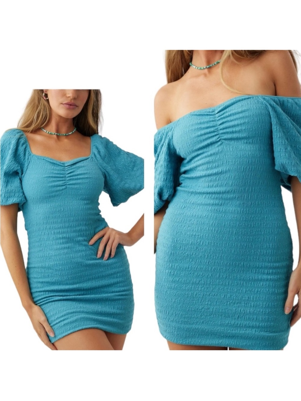 O'Neill Teagan Teal Smocked Puff Sleeve Minidress Size Large New with Tag